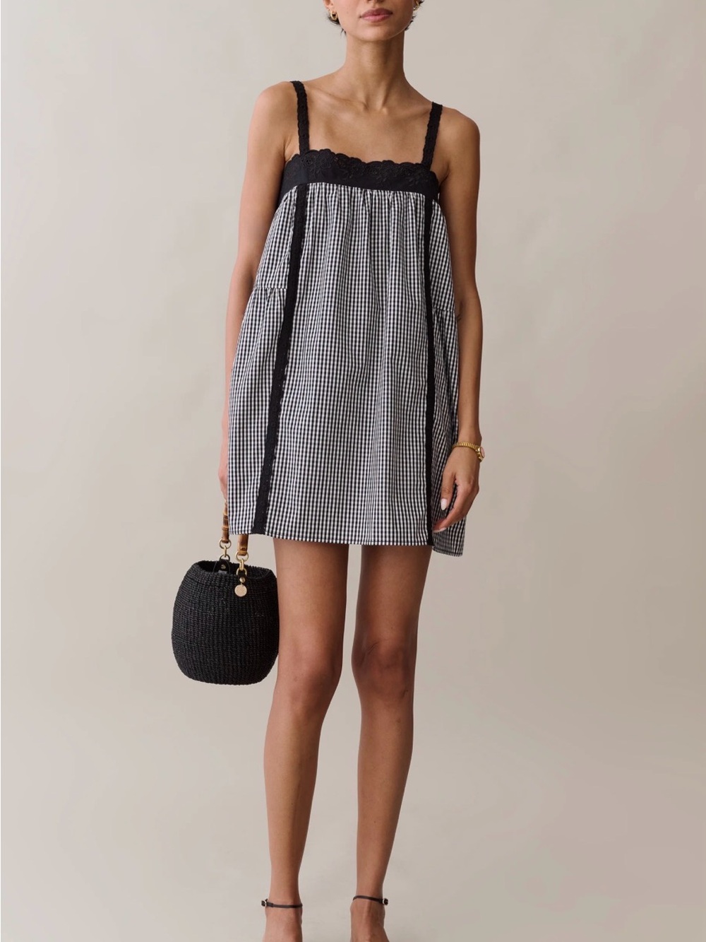 Black & White Gingham Lace-Trim Mini Dress